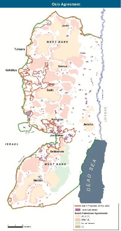 2005 Oslo Bölgeleri ve Ayrım Duvarı Güzergâhı — A/B/C bölgeleri ile İsrail'in planladığı duvar hattını gösteren harita